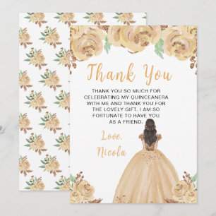 Brown Hair Princess Peach Floral Quinceanera Thank You Card