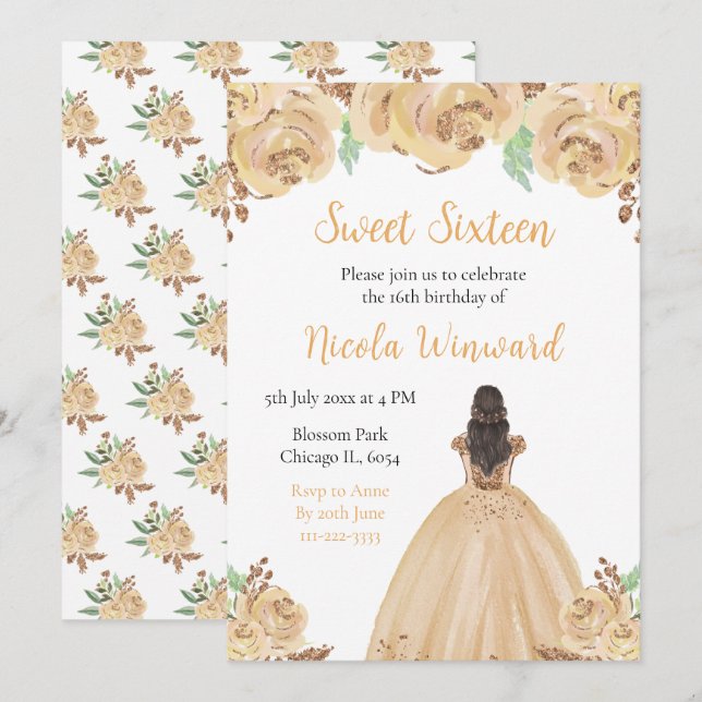 Brown Hair Princess Peach Floral Sweet Sixteen Invitation (Front/Back)