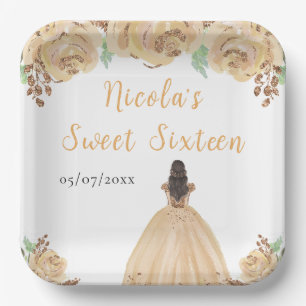 Brown Hair Princess Peach Floral Sweet Sixteen Paper Plate
