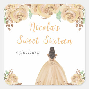 Brown Hair Princess Peach Floral Sweet Sixteen Square Sticker