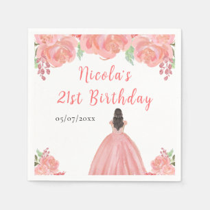Brown Hair Princess Pink Floral Birthday Party Napkin