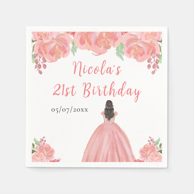 Brown Hair Princess Pink Floral Birthday Party Napkin (Front)