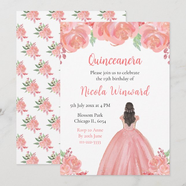 Brown Hair Princess Pink Floral Quinceanera Invitation (Front/Back)