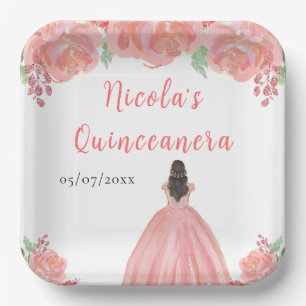 Brown Hair Princess Pink Floral Quinceanera Paper Plate