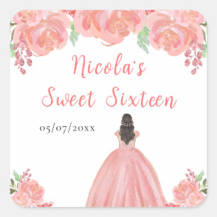 Brown Hair Princess Pink Floral Sweet Sixteen Square Sticker