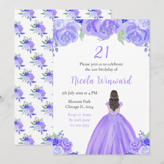 Brown Hair Princess Purple Floral Birthday Party Invitation (Front/Back)