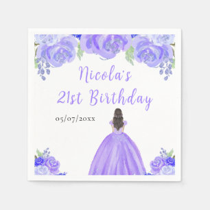 Brown Hair Princess Purple Floral Birthday Party Napkin
