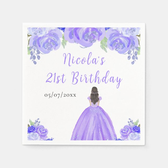 Brown Hair Princess Purple Floral Birthday Party Napkin (Front)