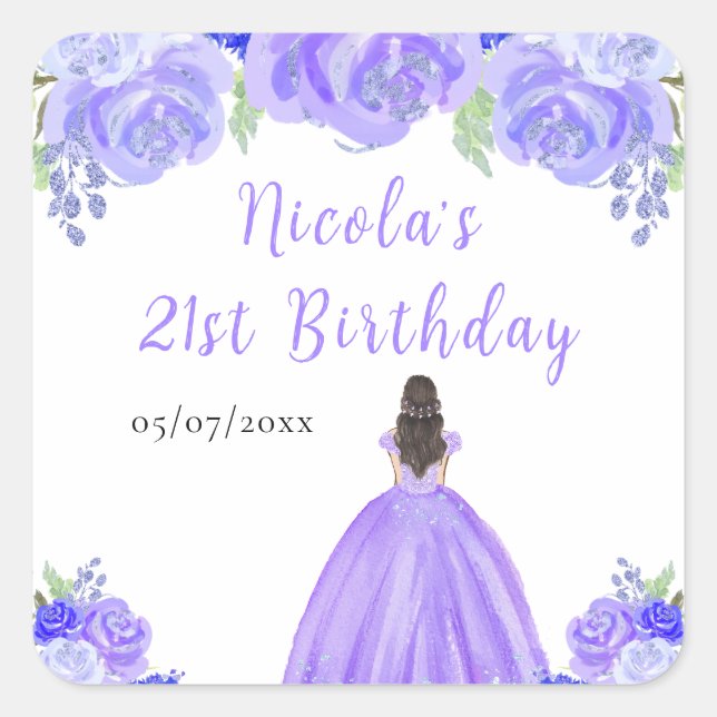 Brown Hair Princess Purple Floral Birthday Party Square Sticker (Front)