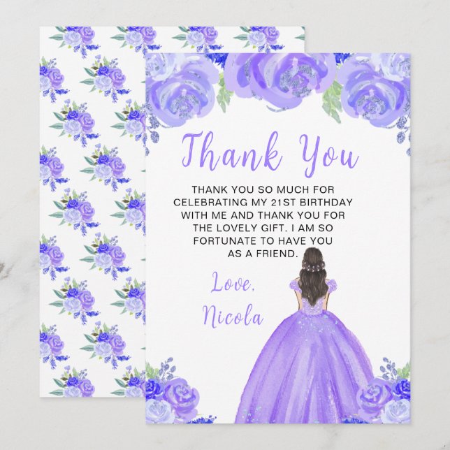 Brown Hair Princess Purple Floral Birthday Party Thank You Card (Front/Back)