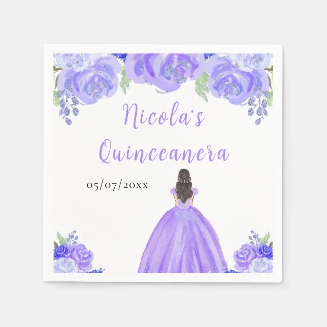 Brown Hair Princess Purple Floral Quinceanera Napkin (Front)