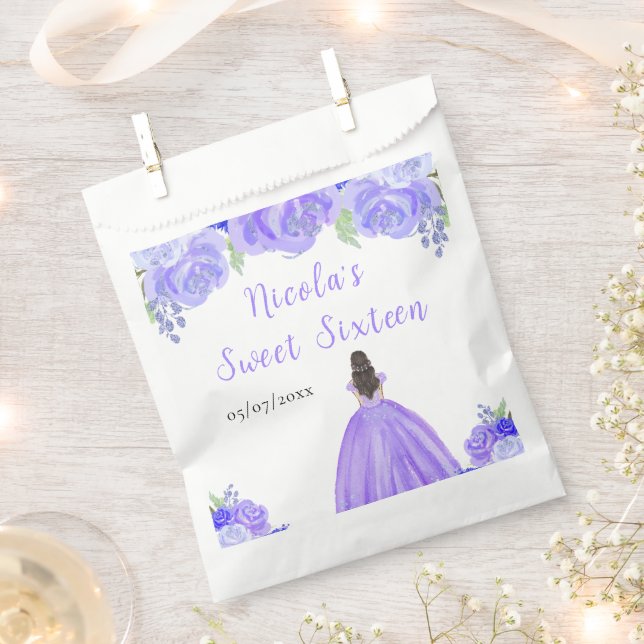 Brown Hair Princess Purple Floral Sweet Sixteen  Favour Bags (Clipped)
