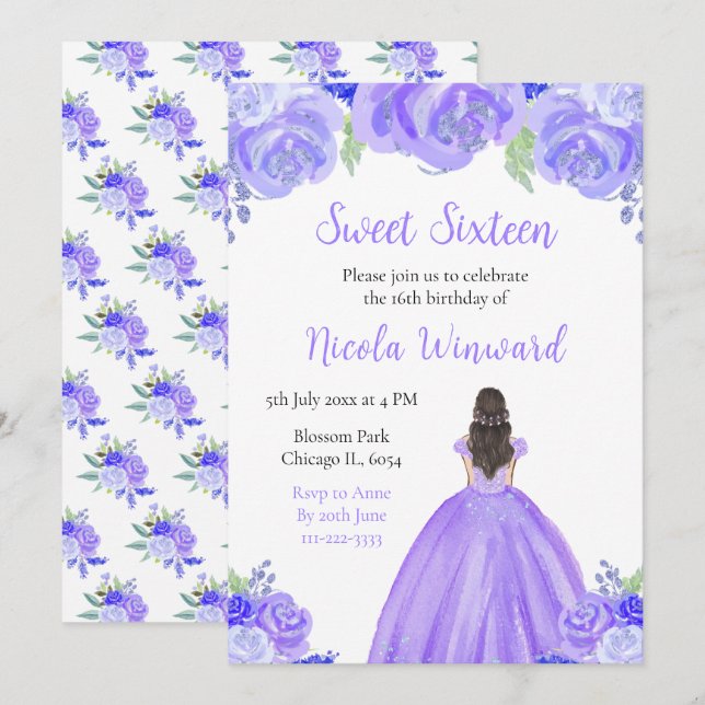 Brown Hair Princess Purple Floral Sweet Sixteen Invitation (Front/Back)