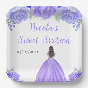 Brown Hair Princess Purple Floral Sweet Sixteen  Paper Plate