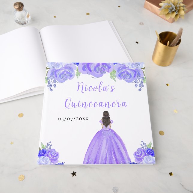 Brown Hair Princess Purple Quinceanera Guest Book (Front Open)