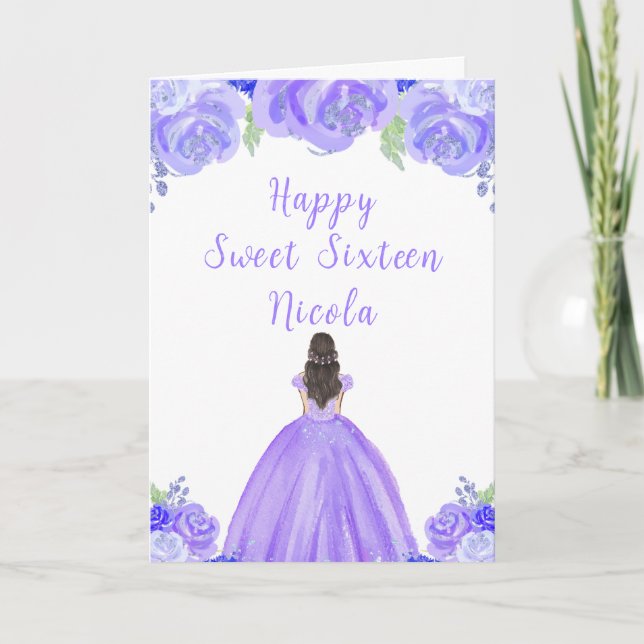 Brown Hair Princess Purple Sweet Sixteen  Card (Front)