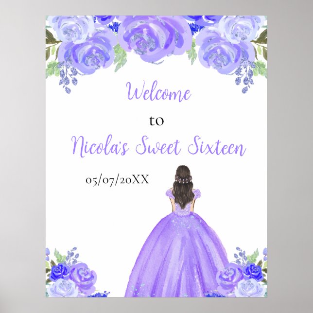 Brown Hair Princess Purple Sweet Sixteen Welcome Poster (Front)