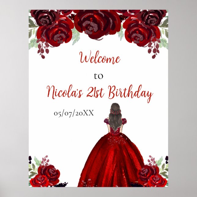 Brown Hair Princess Red Birthday Welcome Poster (Front)