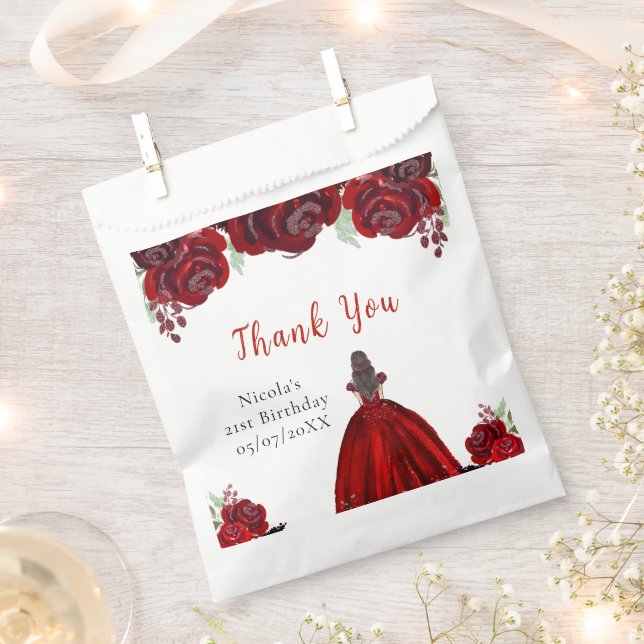 Brown Hair Princess Red Floral Birthday Favour Bags (Clipped)