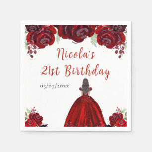 Brown Hair Princess Red Floral Birthday Napkin