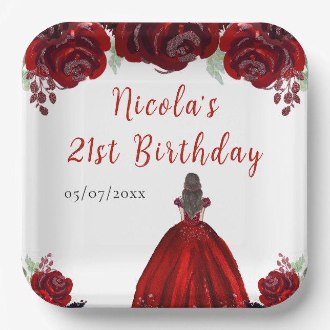 Brown Hair Princess Red Floral Birthday Paper Plate (Front)