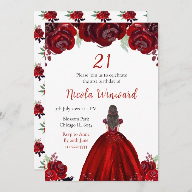 Brown Hair Princess Red Floral Birthday Party Invitation (Front/Back)