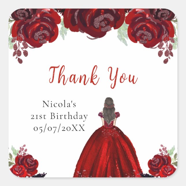 Brown Hair Princess Red Floral Birthday Square Sticker (Front)