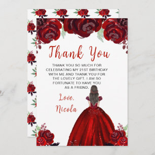 Brown Hair Princess Red Floral Birthday Thank You Card