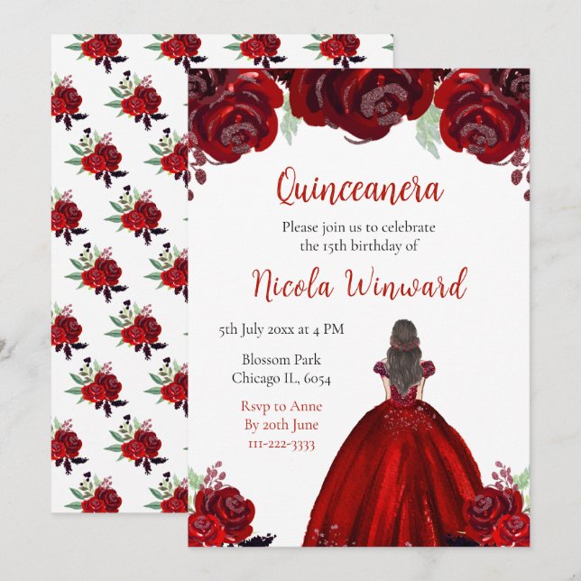 Brown Hair Princess Red Floral Quinceanera Invitation (Front/Back)