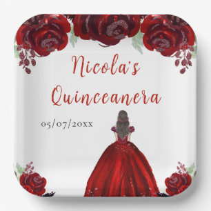 Brown Hair Princess Red Floral Quinceanera Paper Plate
