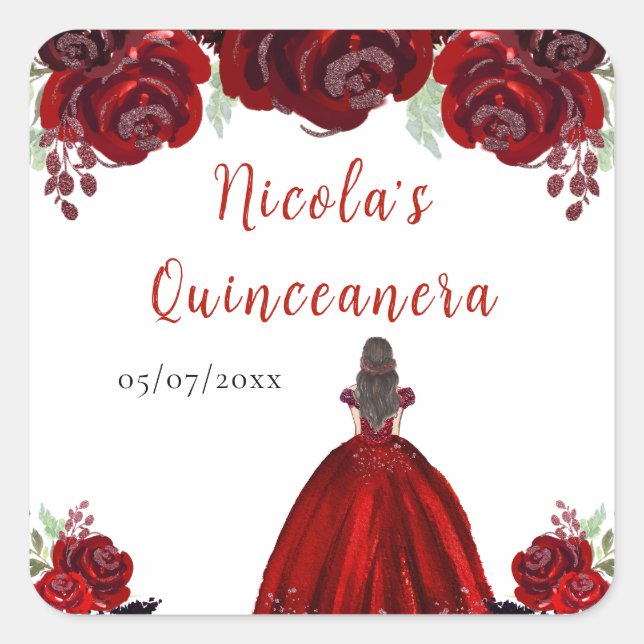 Brown Hair Princess Red Floral Quinceanera Square Sticker (Front)
