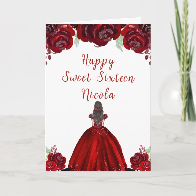 Brown Hair Princess Red Floral Sweet Sixteen  Card (Front)