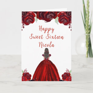 Brown Hair Princess Red Floral Sweet Sixteen Card