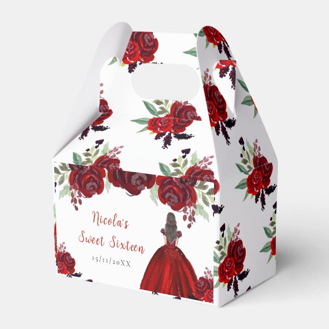 Brown Hair Princess Red Floral Sweet Sixteen Favour Box (Front Side)