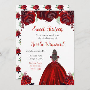Brown Hair Princess Red Floral Sweet Sixteen Invitation