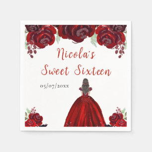 Brown Hair Princess Red Floral Sweet Sixteen Napkin