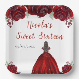 Brown Hair Princess Red Floral Sweet Sixteen Paper Plate