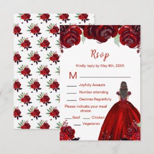 Brown Hair Princess Red Floral Sweet Sixteen RSVP Card