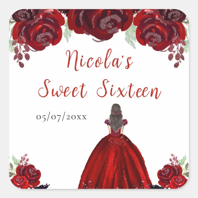 Brown Hair Princess Red Floral Sweet Sixteen  Square Sticker (Front)