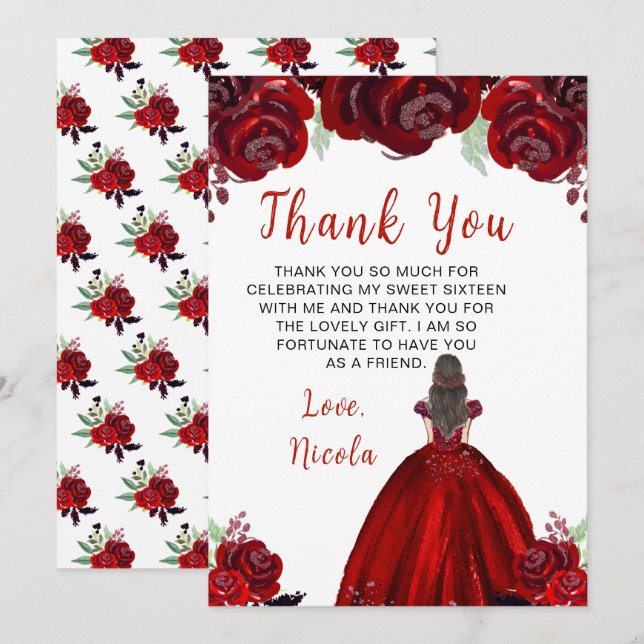 Brown Hair Princess Red Floral Sweet Sixteen  Thank You Card (Front/Back)
