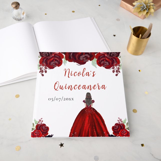 Brown Hair Princess Red Quinceanera Guest Book (Front Open)
