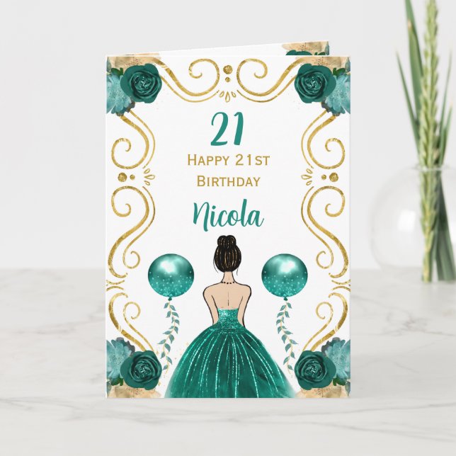 Brown Hair Princess Teal Happy Birthday Card (Front)