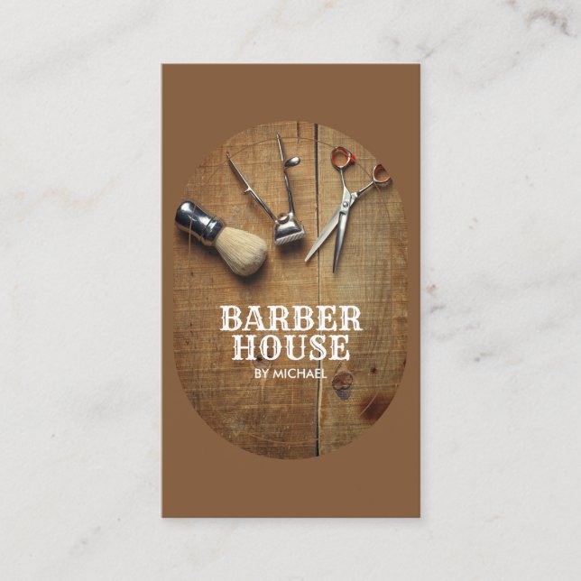 Brown hair stylist Rustic Wooden BarberShop Business Card (Front)