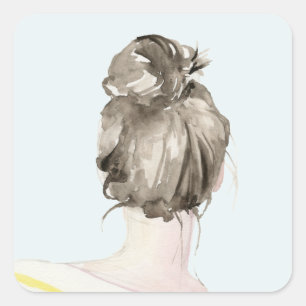 Brown Hair Top Knot Bun Square Sticker