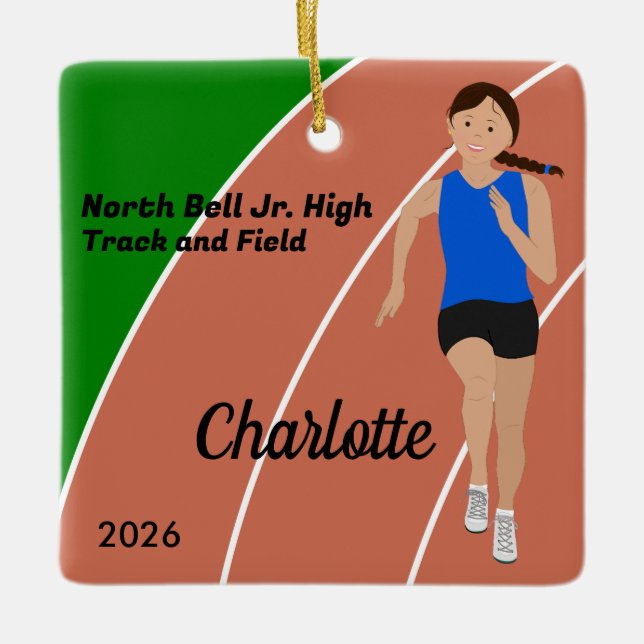 Brown Hair Track and Field Girl Blue Black Ceramic Ornament (Front)