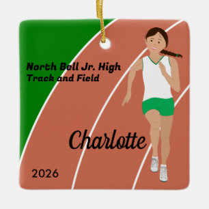 Brown Hair Track and Field Girl in Green White Ceramic Ornament