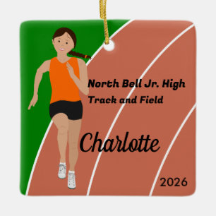 Brown Hair Track and Field Girl in Orange Black Ceramic Ornament