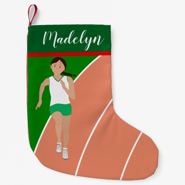 Brown Hair Track Girl in Green Small Christmas Stocking (Front)