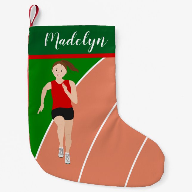 Brown Hair Track Girl in Red Small Christmas Stocking (Front)