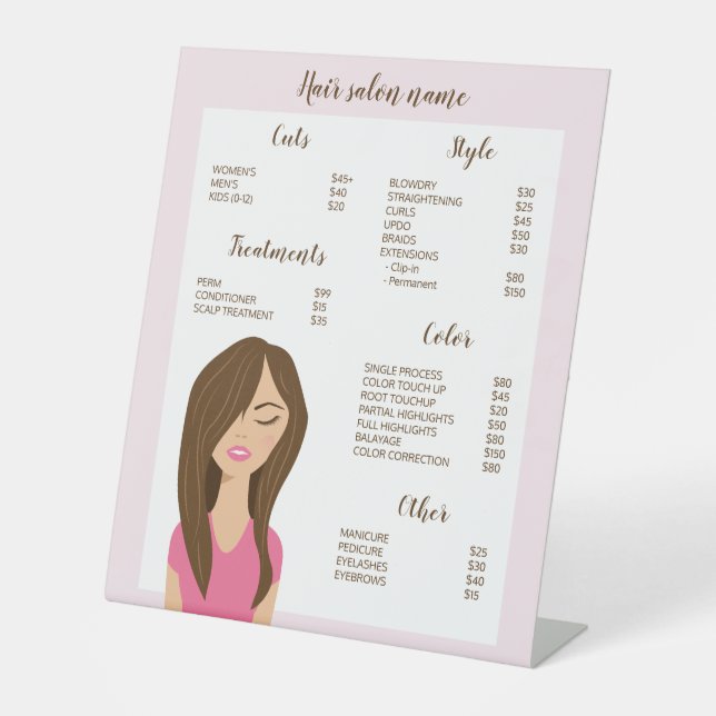 Brown Hair Woman Drawing Custom Hair Salon Menu Pedestal Sign (Front)